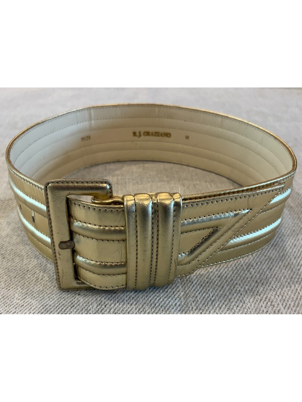 Vintage R.J. Graziano Gold Metallic Wide Quilted Waist Belt Size M 9628